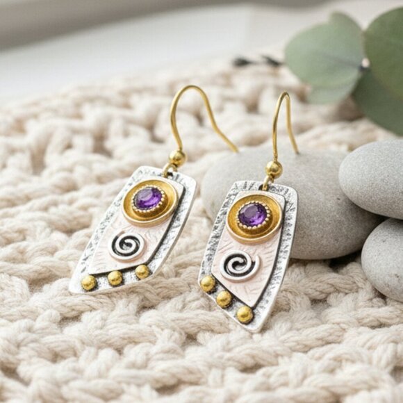 Bohemian Glam - Purple Gem & Spirals Dangle Trendy Fashion Earrings 🌈🌟 - Picture 5 of 11